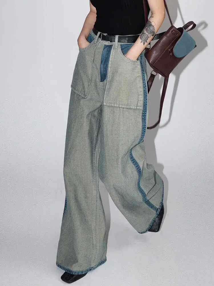 Teotwin Style TWOTWINSTYLE Hit Color Casual Jeans For Women Chic Straight Fashion ...