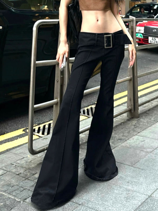 TWOTWINSTYLE Patchwork Belt Slimming Denim Pants For Women FLare Jeans Clothing 2023