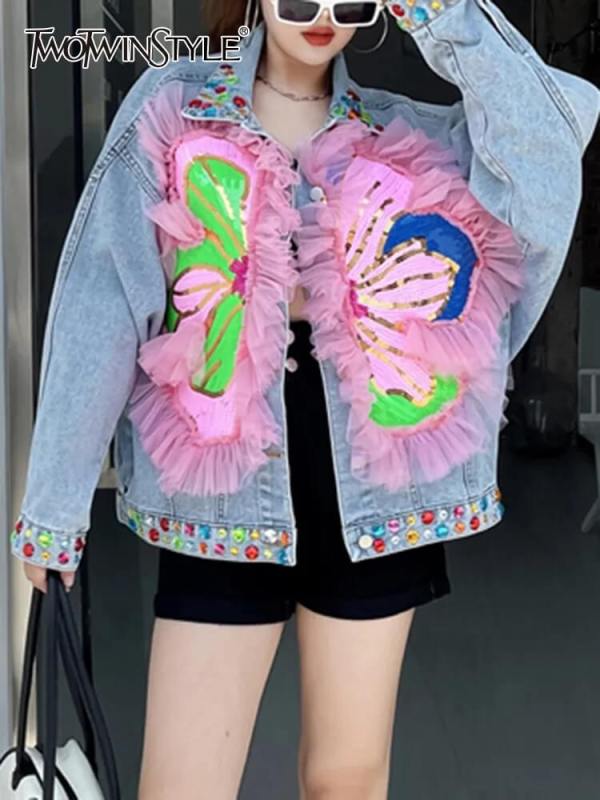 TWOTWINSTYLE Colorblock Patchwork Sequins Denim Jackets For Women Fashin Clothing 2023