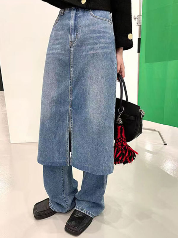 TWOTWINSTYLE Casual Solid Split Denim Pants For Women Floor Length Chic Jeans Fashion Autumn