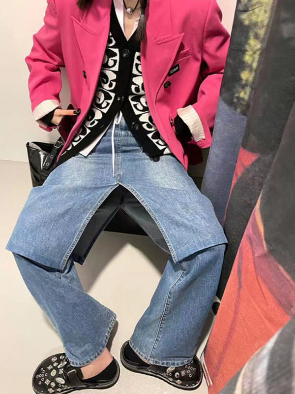 TWOTWINSTYLE Casual Solid Split Denim Pants For Women Floor Length Chic Jeans Fashion Autumn