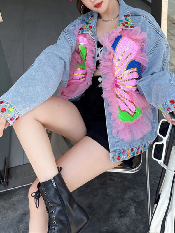 TWOTWINSTYLE Colorblock Patchwork Sequins Denim Jackets For Women Fashin Clothing 2023