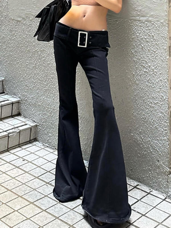 TWOTWINSTYLE Patchwork Belt Slimming Denim Pants For Women FLare Jeans Clothing 2023