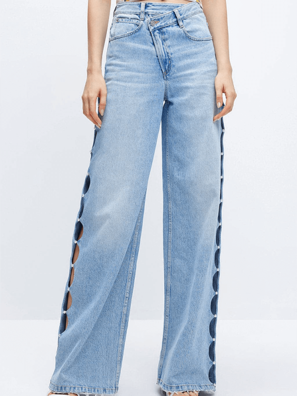 TWOTWINSTYLE Casual Loose Denim Pants For Women High Waist Hollow Out Wide Leg Jeans Fashion Clothing