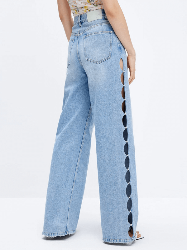 TWOTWINSTYLE Casual Loose Denim Pants For Women High Waist Hollow Out Wide Leg Jeans Fashion Clothing