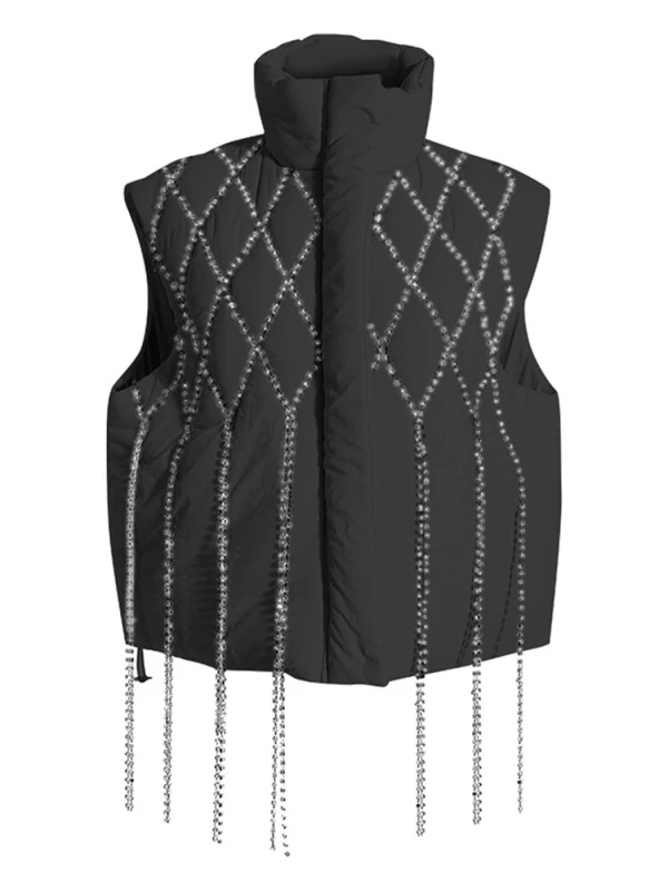 TWOTWINSTYLE Solid Winter Waistcoat For Women Stand Collar Sleeveless Patchwork Diamonds Tassel Fashion Clothing