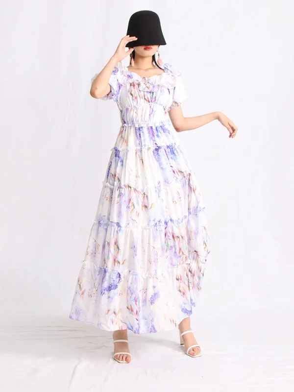 TWOTWINSTYLE Elegant Hit Color Dresses For Women Slash Neck Short Sleeve Tunic Loose Folds Summer Maxi Clothing