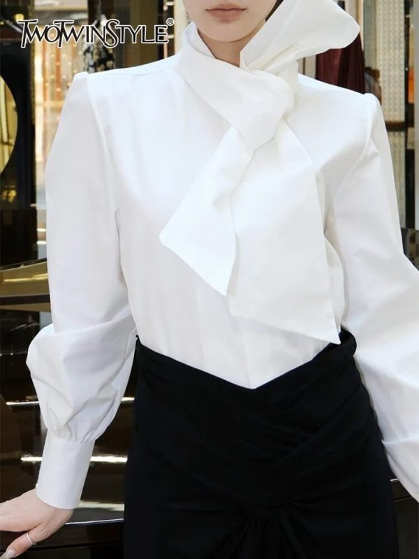 TWOTWINSTYLE Solid Temperament blouse For Women Scarf Colllar Folds Casual Shirt Fashion Clothing