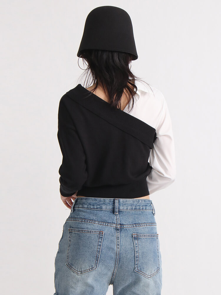 TWOTWINSTYLE Off Shoulder Shirts For Women Lapel Long Sleeve Slimming Casual Blouse Fashion Clothing