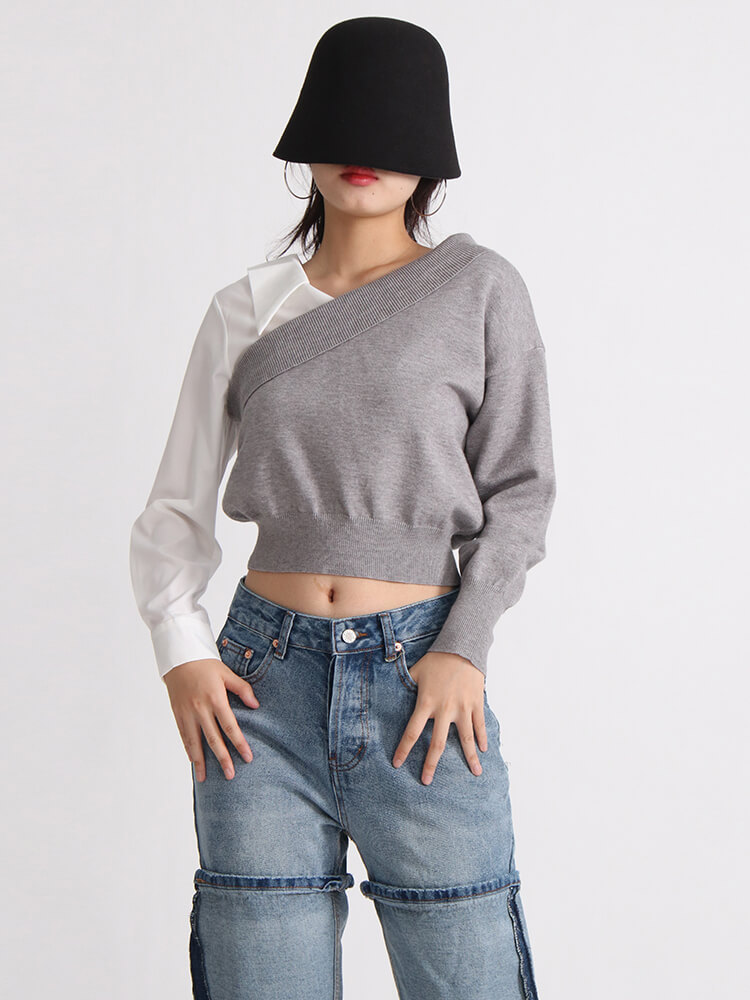 TWOTWINSTYLE Off Shoulder Shirts For Women Lapel Long Sleeve Slimming Casual Blouse Fashion Clothing