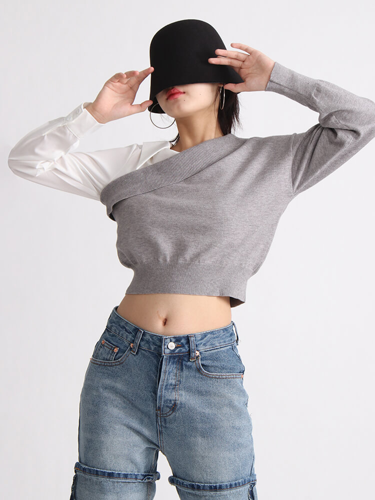 TWOTWINSTYLE Off Shoulder Shirts For Women Lapel Long Sleeve Slimming Casual Blouse Fashion Clothing