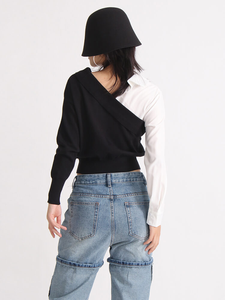 TWOTWINSTYLE Off Shoulder Shirts For Women Lapel Long Sleeve Slimming Casual Blouse Fashion Clothing