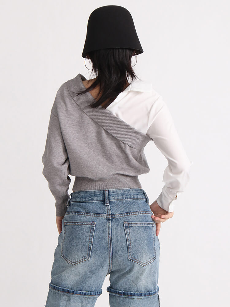 TWOTWINSTYLE Off Shoulder Shirts For Women Lapel Long Sleeve Slimming Casual Blouse Fashion Clothing