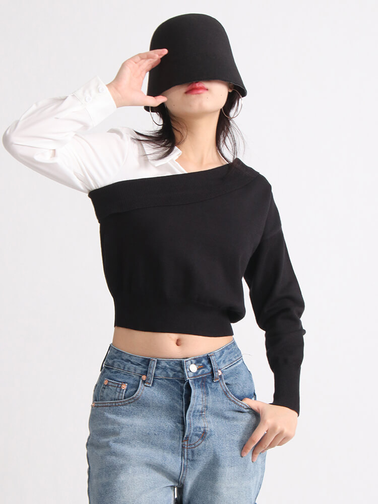 TWOTWINSTYLE Off Shoulder Shirts For Women Lapel Long Sleeve Slimming Casual Blouse Fashion Clothing