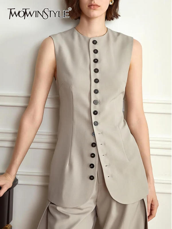 TWOTWINSTYLE Solid Slimming Waistcoats For Women Round Neck Sleeveless Single Breasted Fashion Clothing