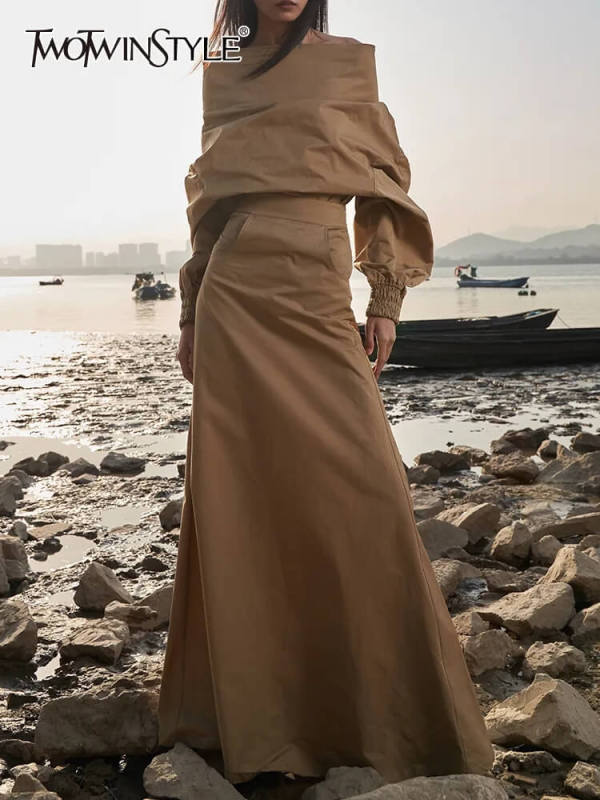 TWOTWINSTYLE Solid Casual Two Piece Sets For Women Slash Neck  Clothing New