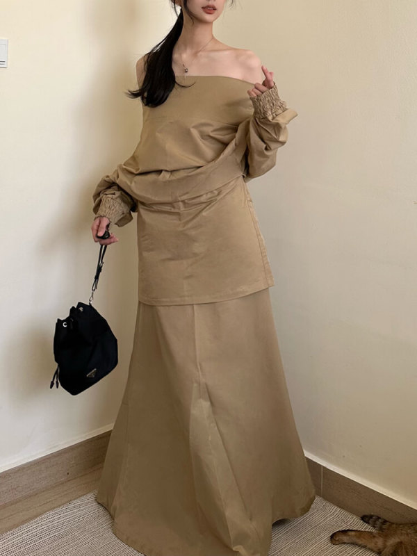 TWOTWINSTYLE Solid Casual Two Piece Sets For Women Slash Neck  Clothing New