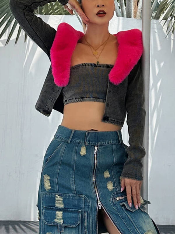 TWOTWINSTYLE Winter Two Piece Sets For Women Strapless Sleeveless Vest Denim Clothing