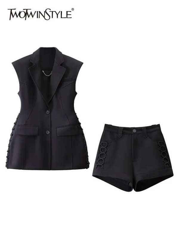 TWOTWINSTYLE Solid Two Piece Sets For Women Notched Collar Sleeveless Waistcoat Clothing