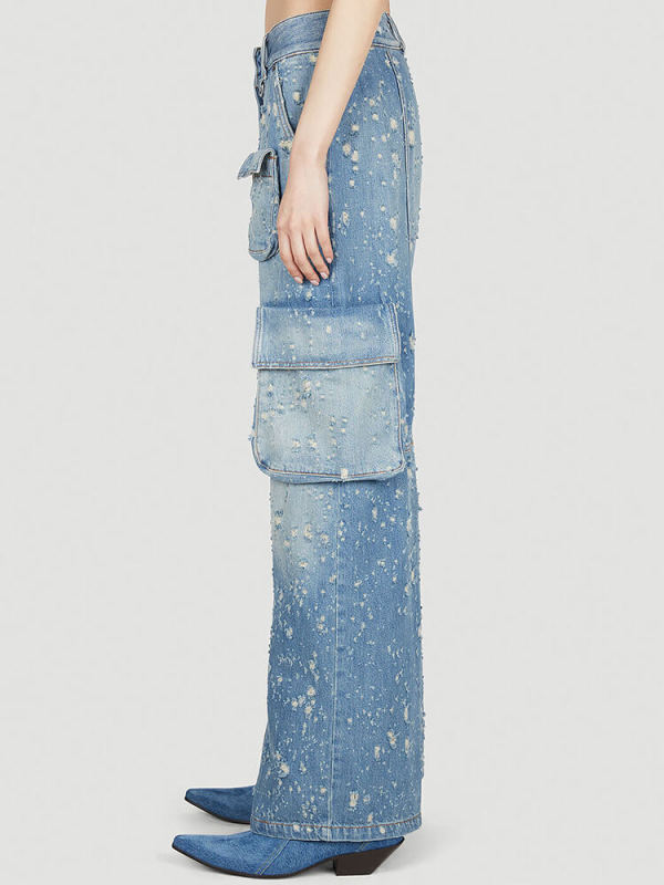 TWOTWINSTYLE Vintage Distressed Jeans For Women High Waist Full Length Pocket Chic Cargo Clothing