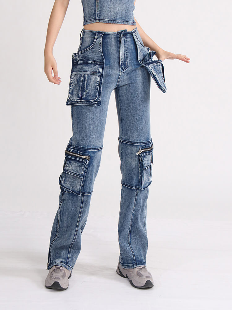 TWOTWINSTYLE Patchwork More Than A Pocket Jeans For Women Casual Loose Autumn Fashion Clothing