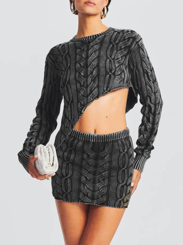 TWOTWINSTYLE Irregular Knitting Solid Casual Sweaters For Women Round Neck Long Sleeve Asymmetrical Clothing
