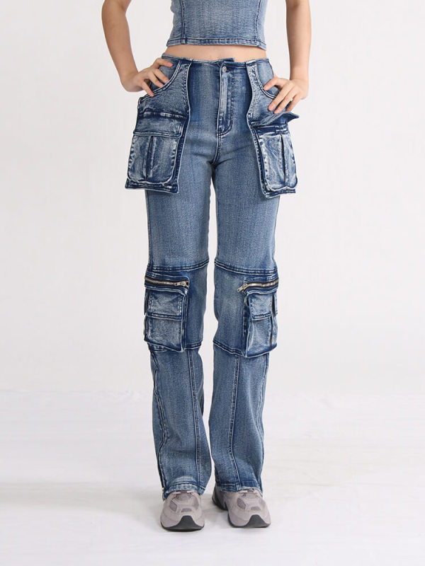 TWOTWINSTYLE Patchwork More Than A Pocket Jeans For Women Casual Loose Autumn Fashion Clothing