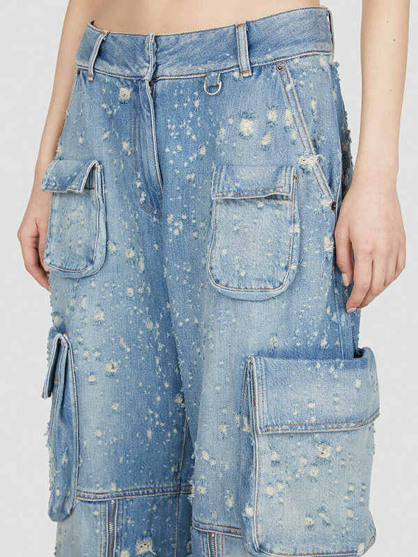 TWOTWINSTYLE Vintage Distressed Jeans For Women High Waist Full Length Pocket Chic Cargo Clothing