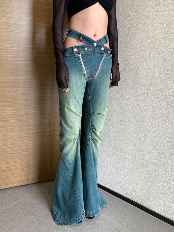 TWOTWINSTYLE Hollow Out Chic Denim Pants For Women High Waist Folds Slimming Flare Fashion Clothing