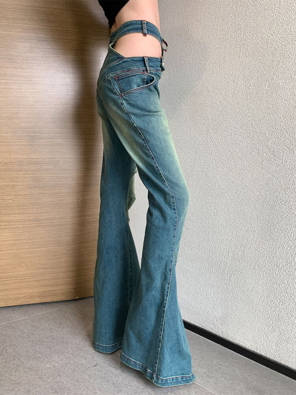 TWOTWINSTYLE Hollow Out Chic Denim Pants For Women High Waist Folds Slimming Flare Fashion Clothing
