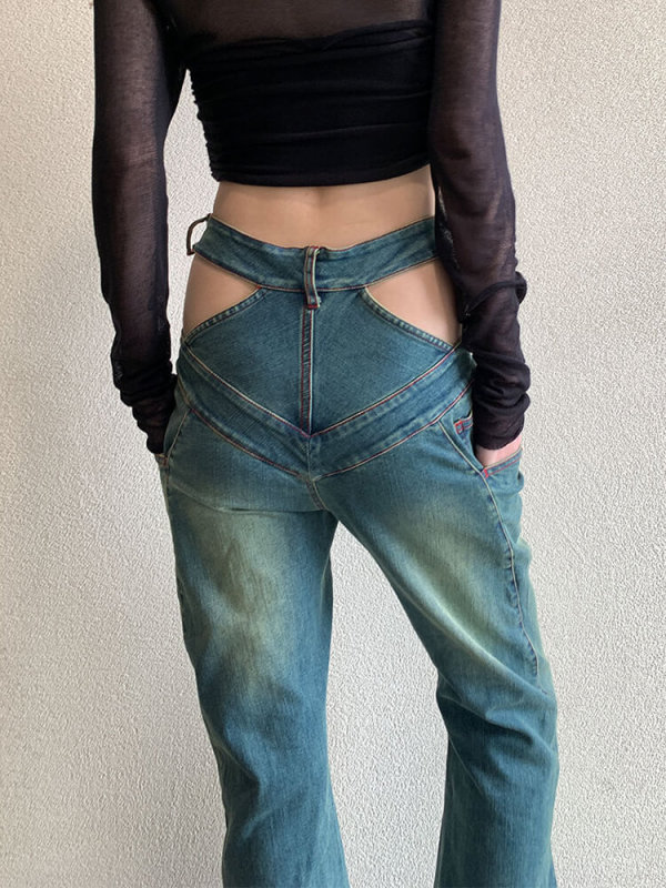 TWOTWINSTYLE Hollow Out Chic Denim Pants For Women High Waist Folds Slimming Flare Fashion Clothing
