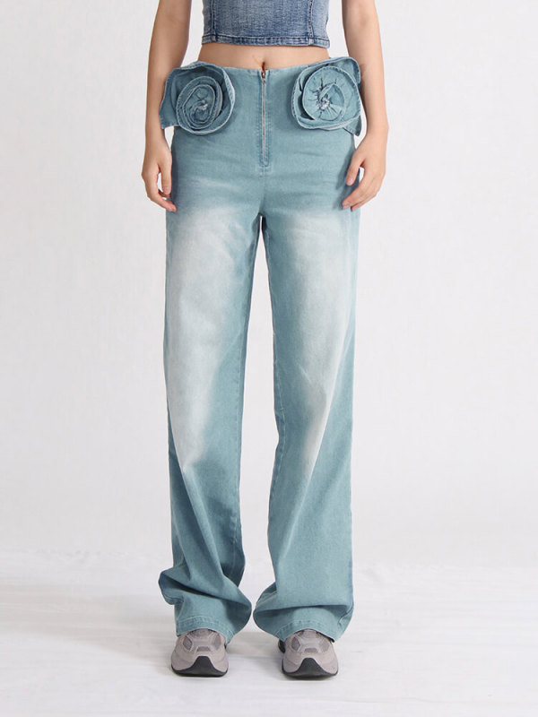 TWOTWINSTYLE Minimalist Jeans For Women High Waist Patchwork Floral Spring Fashion Clothing