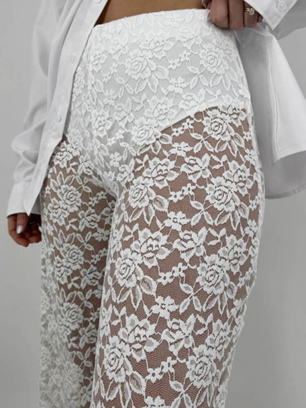 TWOTWINSTYLE Sexy Lace Sheer Trousers For Women High Waist Hollow Out Soild Summer Clothing Style