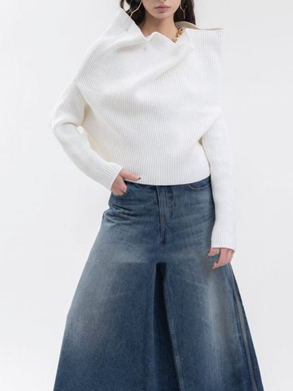 TWOTQINSTYLE Solid Knitting Sweaters For Women Irregular Collar Long Sleeve Chain Pullover Fashion Clothing