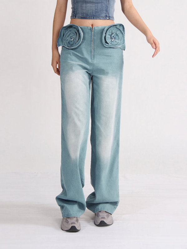 TWOTWINSTYLE Minimalist Jeans For Women High Waist Patchwork Floral Spring Fashion Clothing