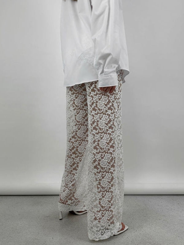 TWOTWINSTYLE Sexy Lace Sheer Trousers For Women High Waist Hollow Out Soild Summer Clothing Style