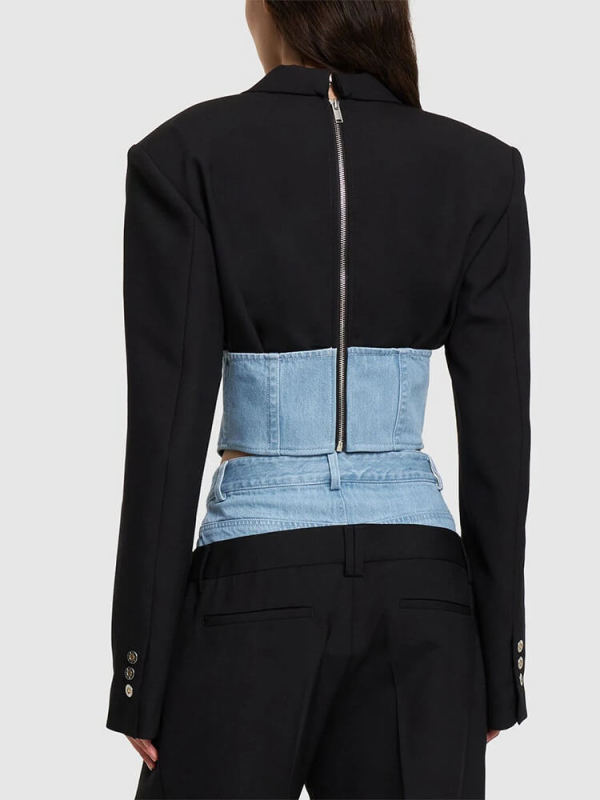 TWOTWINSTYLE Hit Color Spliced Denim Blazers For Women Notched Collar Slimming Fashion Clothing