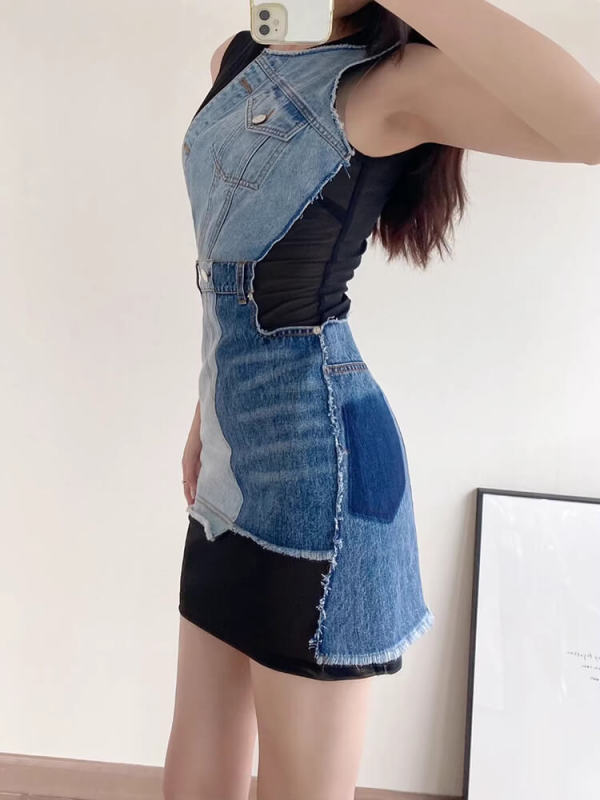 TWOTWINSTYLE Colorblock Patchwork Denim Designer Dresses For Women Sleeveless Spliced Clothing
