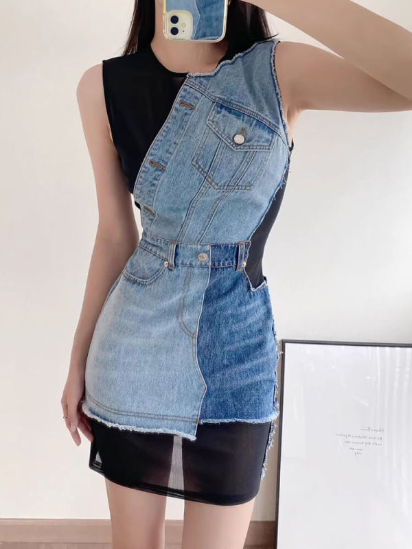 TWOTWINSTYLE Colorblock Patchwork Denim Designer Dresses For Women Sleeveless Spliced Clothing