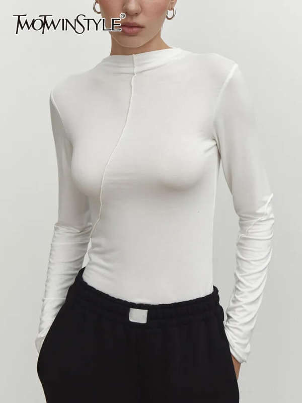TWOTWINSTYLE Solid Patchwork Button Casual Irregular Blouses For Women  Fashion Clothing