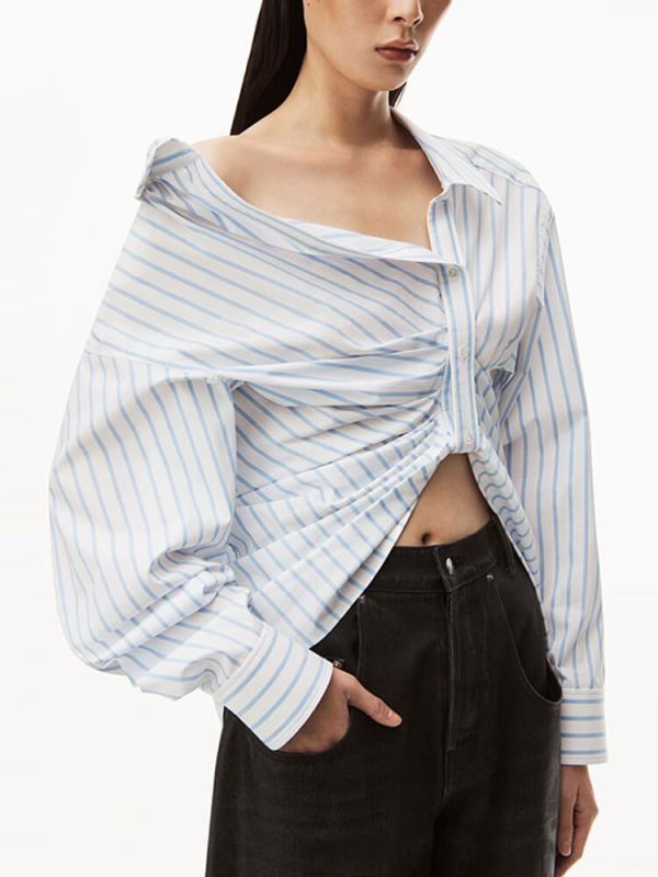 TWOTWINSTYLE Pinstriped Blouse Design 2023 For Women  Diagonal Collar Long Sleeve  Clothing