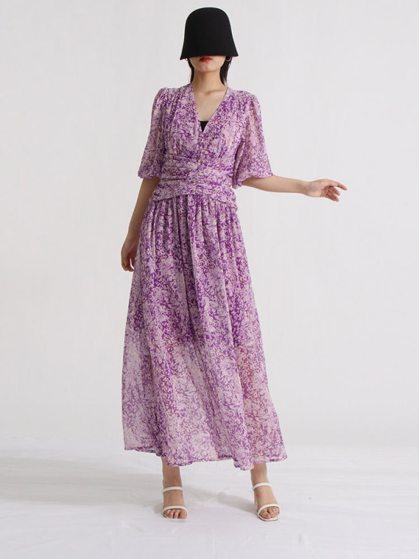 TWOTWINSTYLE Printing Maxi Dresses For Women  V Neck Half Sleeve Clothing New