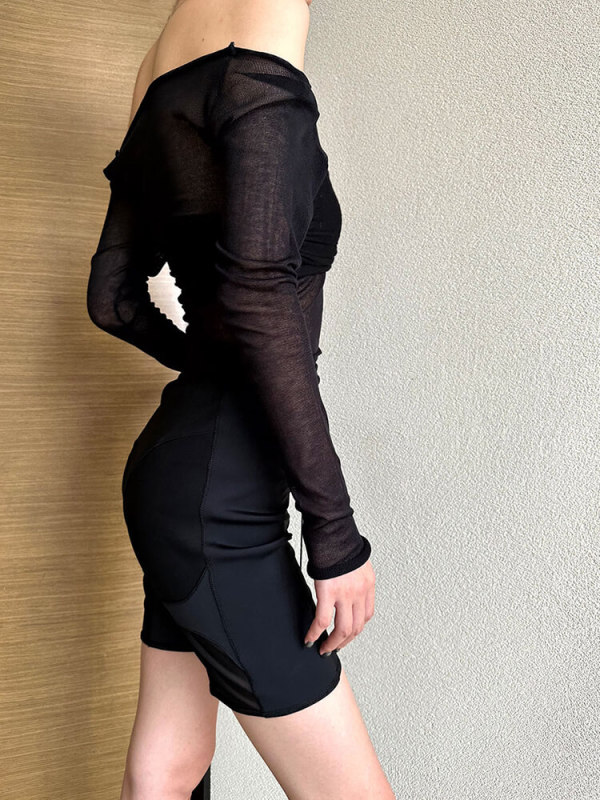 TWOTWINSTYLE Design  T Shirt Sheer Slimming Slash Neck Fashion Clothing