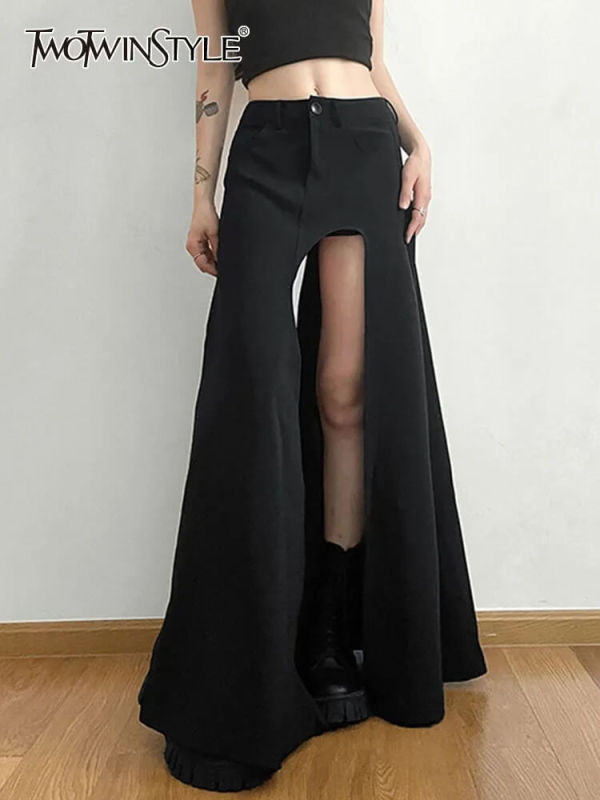 TWOTWINSTYLE Black Skirts For Women High Waist Patchwork Folds Slimming Split Fashion Clothing