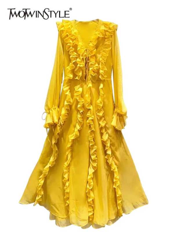 TWOTWINSTYLE Solid Elegant Spliced Ruffles Dresses For Women V Neck Latern Sleeve Lace Up Clothing