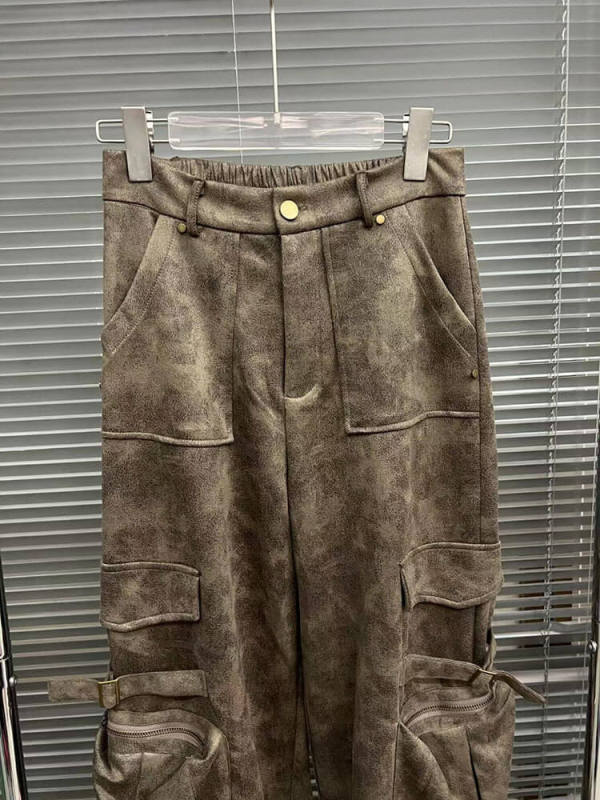 TWOTWINSTYLE Women Formal Pant  Chic Leather Pockets Wide Leg Pants Fashion Clothing