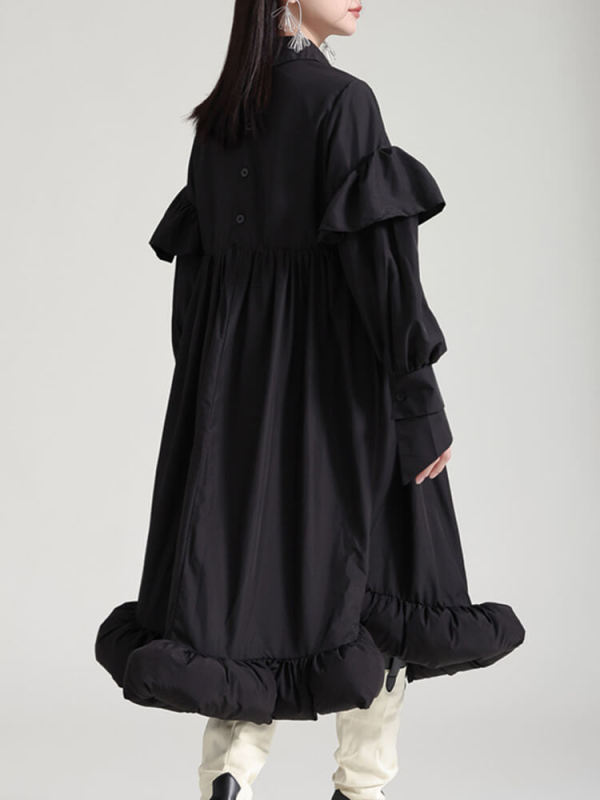 TWOTWINSTYLE Solid Elegant Chic Dresses For Women Lapel Long Sleeve Ruffles Fashion Clothing