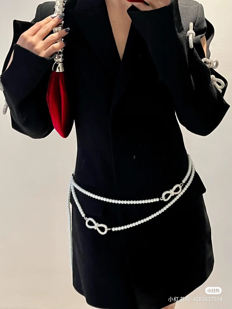 TWOTWINSTYLE Korean Mini Dress For Women Notched Hollow Out Long Sleeve Diamond Belt Solid  Fashion Clothing