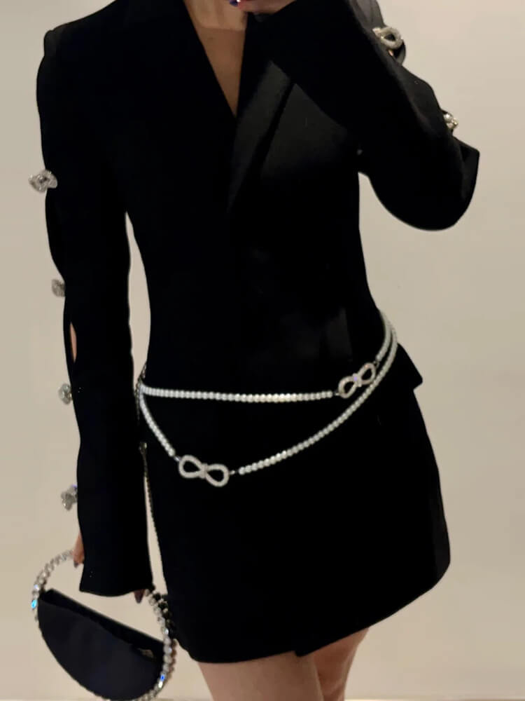 TWOTWINSTYLE Korean Mini Dress For Women Notched Hollow Out Long Sleeve Diamond Belt Solid  Fashion Clothing