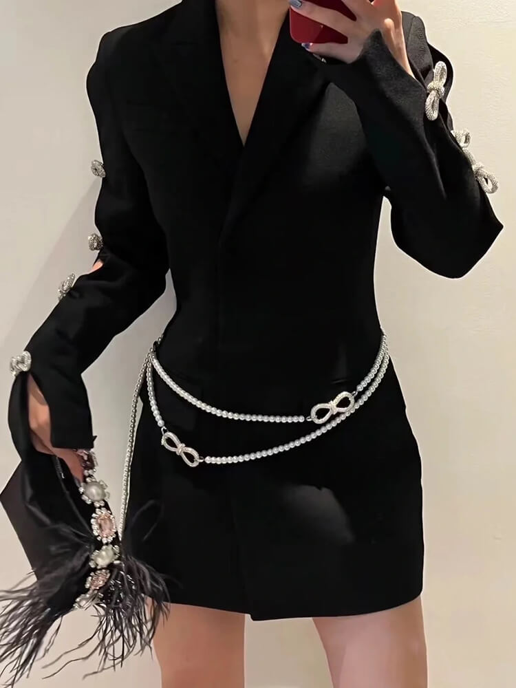 TWOTWINSTYLE Korean Mini Dress For Women Notched Hollow Out Long Sleeve Diamond Belt Solid  Fashion Clothing